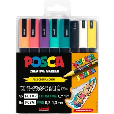 Bild av uni ball 186827 POSCA märkpenna set sneakers pennor, fodral med 8, täckande på ljusa ytor