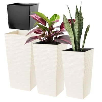 Bild av Kadax Blomkruka Set, Blomlåda av Plast, Väderbeständig för Inomhus och Utomhus, Utomhusbruk, (Grädde Set om 3 XXL)
