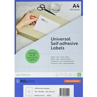 Bild av Rillprint självhäftande etiketter klistermärken 400 105 x 48 mm 4 utskrivbara per A4 ark mångsidig vit adress, klibbig etikett för bläckstråleskrivare och laserskrivare