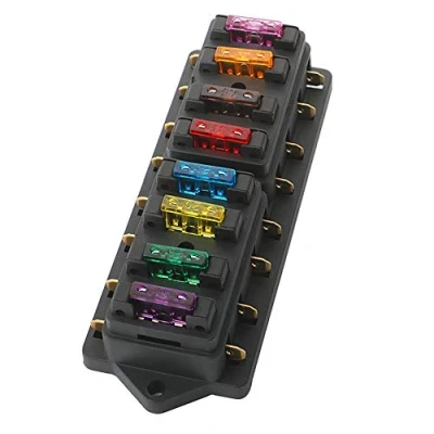 Bild av QitinDasen Premium bil 8 vägs säkringshållare, universal standardblad säkringsbox, säkringsblock med lock, 10 st standard plattsäkring, för båt Marine Trike (12 V/24 V)