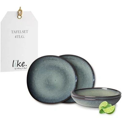 Bild av Like. by Villeroy &amp; Boch Lave servisset av stengods, 4 delar, Pottery Look, bordsservis för två personer, grå