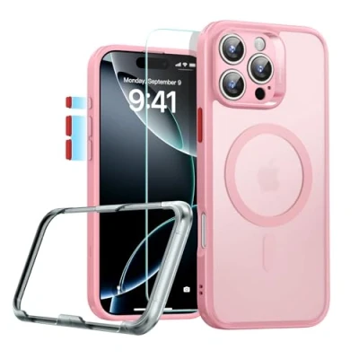 Bild av ESR fodral för iPhone 16 Pro (4 i 1 set), genomskinligt matt med skärmskydd 16, kompatibelt MagSafe, militärt skydd, klassisk serie, rosa