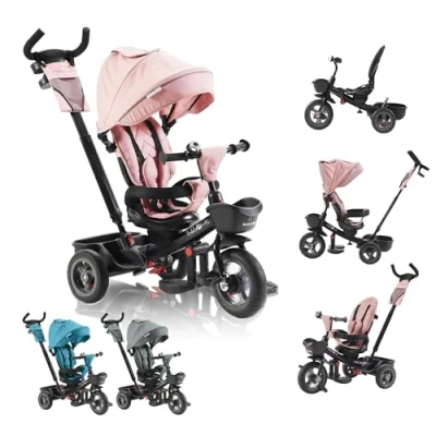 Bild av FableKids 5 i 1 trehjulig cykel Noemi med bygel från 18 månader upp till 25 kg, framåt och bakåt, PU däck, frihjul rymligare, korg, väska, mugghållare Grå