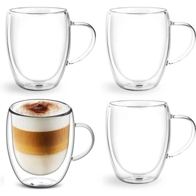 Bild av Buumin 4 x 350 ml dubbelväggiga kaffemuggar och muggar med handtag, Latte Macchiato koppar, värmebeständig, lämplig för diskmaskin, varma drycker te mjölk juice glass