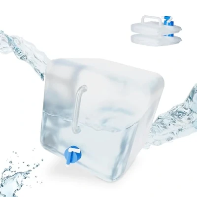 Bild av Relaxdays Vikbar vattendunk, set om 3, 20 l, behållare med kran, BPA fri, livsmedelssäker, transparent/blå