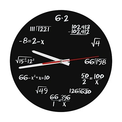 Bild av huhushop Kreativ matematikväggklocka akryl rolig matematiska formler klocka pop frågesport svart och vit unik matematikekvation för klassrum, hem, kontor