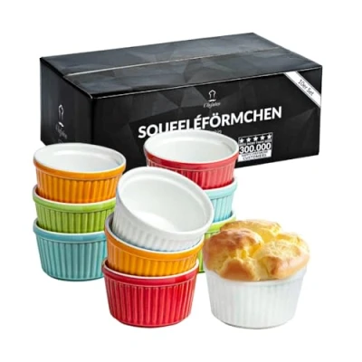 Bild av Chefarone® Soufflé formar ugnssäker uppsättning om 10 gräddvit brulee skålar keramik för bakning och tillredning miniugnsformar 200 ml flerfärgade (9 x 7,5 5 cm)