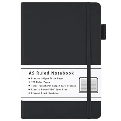 Bild av Beinushor A5 Anteckningsbok linjerad, med inbunden fodrad dagbok tjockt premium100 GSM papper, 192 sidor, innerficka, pennslinga, gummiband, konstläderskydd, 14,5 x 21,3 cm (svart)