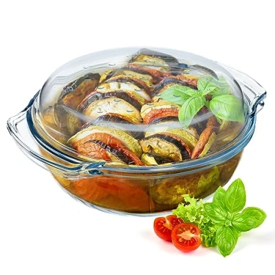 Bild av KADAX glasgryta, bakfat med lock av värmebeständigt glas, brandsäker behållare för lasagne, grönsaksgryta, glasgryta stekning i ugn (rund 2,4 l)