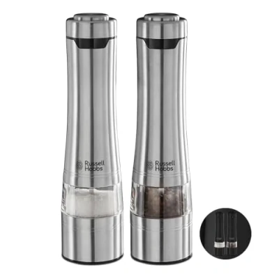Bild av Russell Hobbs elektriska salt och pepparkvarnar, keramiskt malverk, justerbar malningsgrad, upplyst botten under malning, borstat rostfritt stål, drivs av 4st AA/kvarn medföljer ej, 23460 56