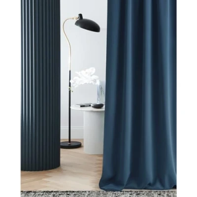 Bild av ROOM99 Gardin med veckband Laurel 140 x 250 cm bredd höjd, mörkläggning, ogenomskinlig skjutgardiner, gardin, vardagsrum, sovrum för skensystem, mörkblå, 1 st