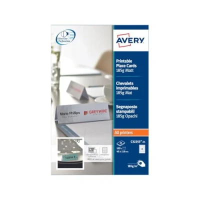 Bild av Avery Utskrivbara Placeringskort, Dubbelsidig Mikroperforerad, alla Skrivare, 110 X 40 mm, 4 Kort per Ark, 100 Paket 185 GSM, Vit