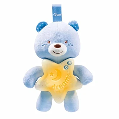 Bild av First Dreams Bear Panel Game, Soft Puppet att hänga på sängen eller vaggan med avkopplande melodier och nattljus, blå, 0+ månader