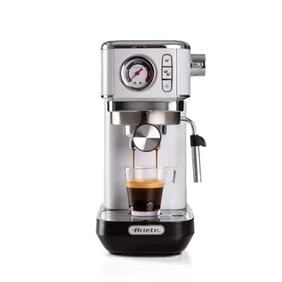 Bild av Ariete Espresso Slim Metal 1381, kaffemaskin med manometer, kompatibel kaffepulver och ESE kuddar, 15 bar Maximum, 1 eller 2 koppfilter, cappuccinomunstycke, 300 W, vit