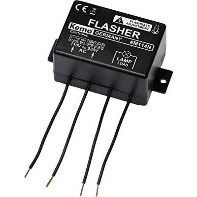 Bild av Kemo M114N blinkers långsamt 240 V/AC 110 V/AC. Blinkgivare med justerbar blinkserie ca 0,69 sekunder starttid. För reklampaneler, modeller, svart