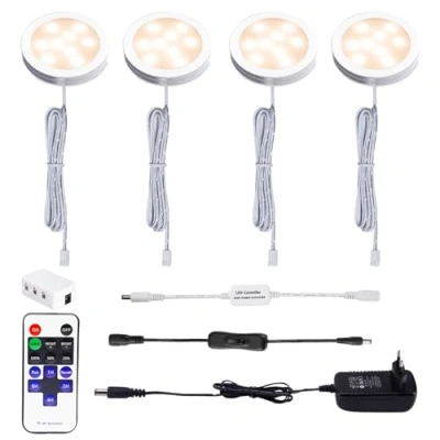Bild av AIBOO LED skåplampor komplett set med 4, infälld belysning fjärrkontroll, kökslampor vitrinbelysning varm vit 2 700 K, lampa inklusive alla tillbehör