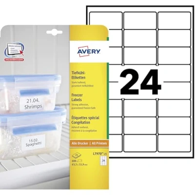 Bild av AVERY Zweckform L7970 25 frysetiketter (600 klistermärken, 63,5 x 33,9 mm på A4, självhäftande, temperaturbeständiga och fryssäkra självhäftande etiketter för frys, tryckbar) ark, vit