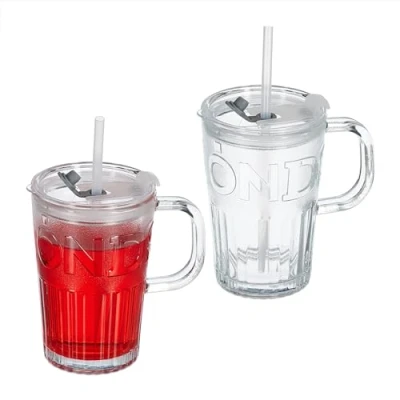 Bild av Relaxdays Dricksglas uppsättning av 2, muggar med lock och sugrör, limomugg 450 ml, glasbägare handtag, transparent