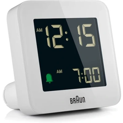Bild av Braun Digital Alarm Clock with Snooze, Negative LCD Display, Quick Set, Crescendo Beep in White, model BC09W.