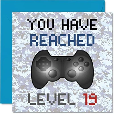 Bild av födelsedagskort till 19 årsdagen Gamer You Have Reached Level för pojkar, tonåring spel, födelsedag, gratulationskort, videospel, dotter, son, barn, barnbarn, 145 mm x