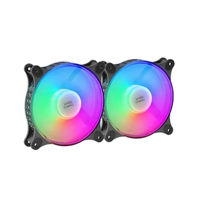 Bild av Mars Gaming MF DUO, Kit 2 FRGB Rainbow 360 fläktar, ultratyst, Dual Connection 3PIN + 4PIN, Svart