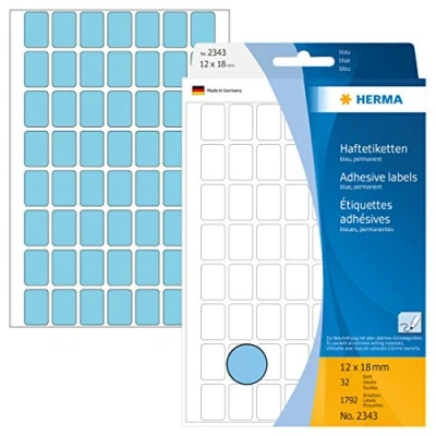 Bild av HERMA 2343 multifunktionsetiketter mini (12 x 18 mm, 32 ark, papper, matt) självhäftande, permanenta hushållsetiketter för handskriven märkning, 1 792 klistermärken, blå
