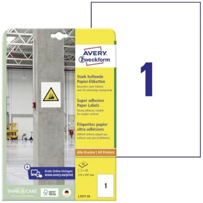 Bild av AVERY Zweckform L7877 20 Starka självhäftande etiketter (20 klistermärken, 210 x 297 mm på A4, extremt stark självhäftande, även för svåra ytor, tryckbara power etiketter) ark, vit
