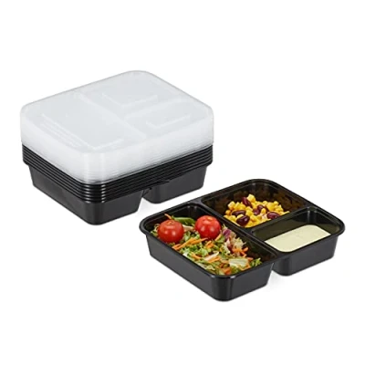 Bild av Relaxdays Meal Prep boxar, set om 10, 3 fack, 1 000 ml, mikrovågsugn, matlåda i plast med lock, svart