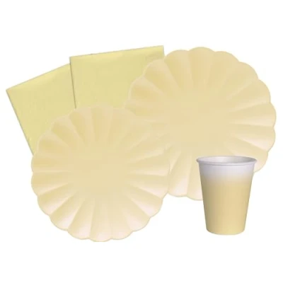 Bild av Party Tableware Set Flower Shape for 24 people (112 pcs: plates Ø23cm, Ø18cm, cups 200ml, 40 napkins 33x33cm) in eco friendly compostable paper, pastel yellow