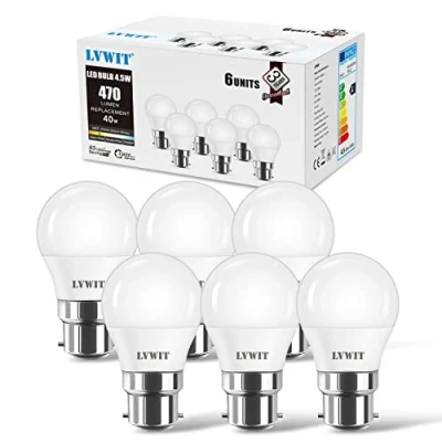 Bild av SES 4,5 W golfboll B22 LED glödlampor, LVWIT lampor bajonett 40 ekvivalent, 470 lm, 2700 K varm vit liten bajonettlampa energibesparande, 150 graders strålvinkel, icke dimbar,