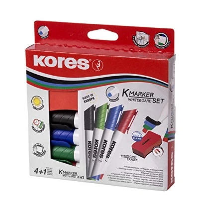 Bild av Kores Färgade whiteboard markörpennor K Marker XW1, rund spets med lågluktsbläck för torr torkning skolmaterial, kontorsmaterial paket 5 4 blandade färger och 1 magnetiskt