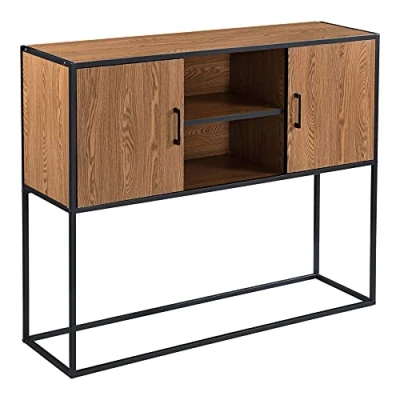 Bild av Avlastningsbord Sideboard Sidobord 2 Dörrar Öppna Fack Metall Melaminbelagd Spånskiva Mörk Träfärg Svart 90x108,5x30cm