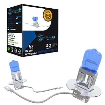 Bild av LIGHTWORLD24 halogen billampor H3 12V 6000K kall vit xenonoptik ultra look glödlampa lampa halvljus dimljus helljus kurvljus PK22s bas 2 stycken