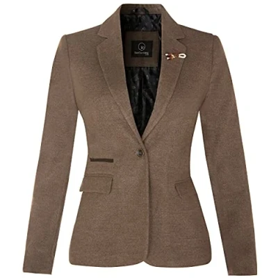 Bild av Tru Clothing kvinnors tweed ljusbrun fiskbensmönstrad klassisk 1920 talet formell ullskräddarsydd blazer med armbågslappar 16, Ljusbrunt, XL