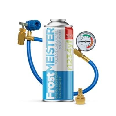Bild av FrostMEISTER 3 i 1 luftkonditionerings påfyllningsset för bil (1 x 400 ml burk slang med manometer och adapter) ersättning kylmedel, kompressorolja tätningsmedel R1234yf (från
