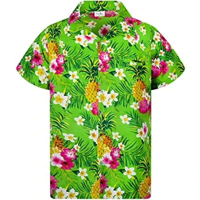Bild av King Kameha Funky Hawaii skjorta för män, kortärmad, frontficka, tryck, ananas, palmer och blommor, Ananas blommor grön, 4XL
