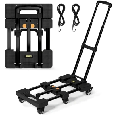Bild av Troozy säckkärra hopfällbar med bromsar, transportvagn 226 kg, 4 universella hjul, utdragbar plattformsvagn, transportkärra justerbar dragstång, 2 flexibelt rep, svart