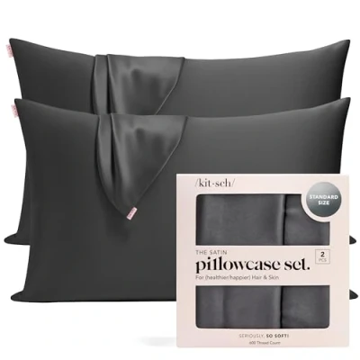 Bild av Kitsch Satin Pillowcase with Zipper for Hair &amp; Skin, Softer Than Silk Pillow Cases Queen Size Set of 2, Wrinkle Free, Smooth and Cooling Covers, Standard 19&quot;x26&quot; Charcoal, 2pcs