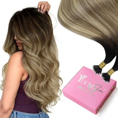 Bild av YoungSee nano ring hårförlängningar ombre mörkbrun till mellanbrun med blond mänskligt hår pärlor äkta brun kall fusion 50 cm 1 g/s g