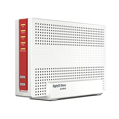 Bild av AVM FRITZ! Box 6690 kabel (DOCSIS 3.1 kabelmodem, 4x4 Wi Fi 6 (WLAN AX) med 4,800 Mbps (5 GHz) + 1200 (2,4 GHz), 1x 2,5 Gigabit LAN port, USB 3.0, DECT), vit/röd