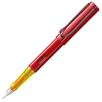 Bild av Lamy AL star glansig röd reservoarpenna med ergonomiskt handtag och polerad stålfjäder i linjebredd F lätt aluminiumhölje inkl. bläckpatron T 10 blå högerhänt