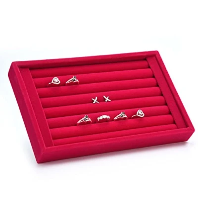 Bild av Yosoo Velour interiör mocka smycken örhängen ringar manschettlänk display organiserare låda bricka hållare fodral slitsar förvaring (rosaröd röd)