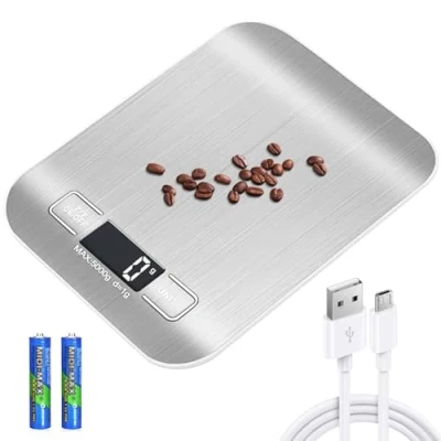 Bild av köksvåg digital, 10 kg/1 g USB uppladdningsbar digital med LCD display &amp; Tara funktion professionella köksvågar batteri laddningskabel silvervit