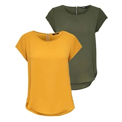 Bild av ONLY Onlvic S/S Solid AOP Top Ptm T shirt, bluströja, kortärmad, 2 pack (1x gyllene gul, 1x kalamata), 40