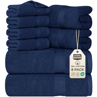 Bild av Utopia Towels 8 delade premiumhandduksset, 2 badlakan, handdukar och 4 tvättlappar, 100% ringspunnen bomull högabsorberande för badrum, gym, hotell spa (Marin Blått)