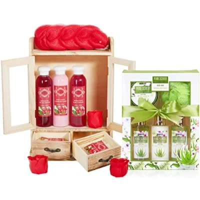 Bild av BRUBAKER Cosmetics 2in1 Vårdset Tranbär &amp; Aloe Vera Stort 15 Delat Wellness Set Dusch och Badset för Damer Kvinnors Skönhetspresent i Dekorativt Träskåp