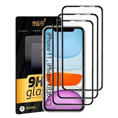 Bild av UNO&#039; 3 st skärmskydd i härdat glas för iPhone 11/XR (6,1 tum) full täckning med svarta kanter. Anti fingeravtryck, repfri, 9H hårdhet, bubbelfri, ultrastålig.