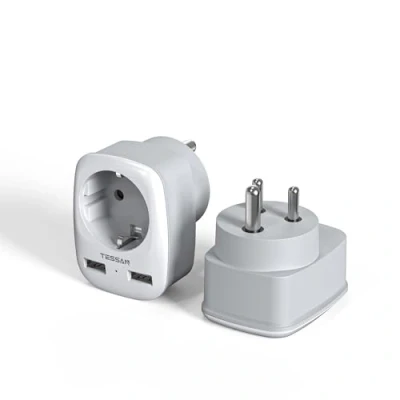 Bild av TESSAN 2 Pack Reseadapter Indien med USB, 3 i 1 Resekontakt Nätadapter, Adapter för Sri Lanka, Indien, Nepal, Fack Uttag 2500W Typ D Grå