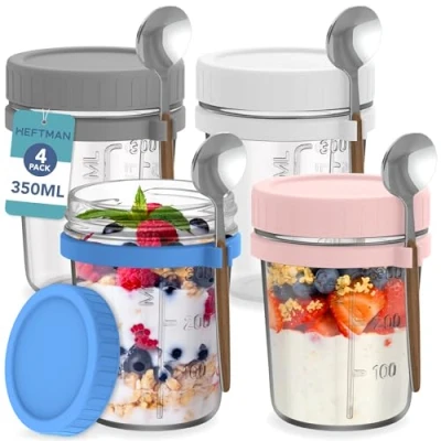 Bild av HEFTMAN Glasburkar med lock för övernattning, havre 4 pack 350 ml över natten havreburk skedar och lufttäta färgglada plastlock, livsmedelssäkra frukostgrytor yoghurt, chiapudding