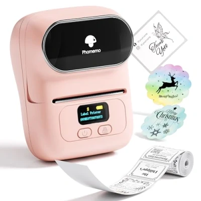 Bild av Phomemo M110 etikettskrivare, termisk Bluetooth etikettmaskin för kläder, smycken, detaljhandel, post, streckkod, kompatibel med Android och iOS system, 1 pack 40 x 30 mm etikett, rosa